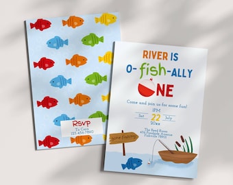 Plantilla editable de invitación de cumpleaños de Ofishally One, temática de pesca, invitación para la primera fiesta de un niño, O-Fish-Ally One, pescando un pez gordo