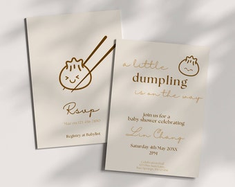 Mall för liten dumpling-babyshowerinbjudan, Dim Sum Bao-babyshowerinbjudan, söt minimalistisk, könsneutral, redigerbar direktnedladdning