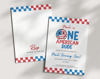 One American Dude First Birthday Invitation Template, 4th July 1st Patriotic Party, Stars Stripes Theme,  Red White Blue, Editable Invite