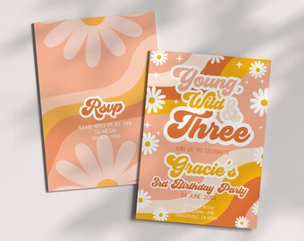 Young Wild and Three Birthday Invitation Template, 3rd Birthday Party Invite, Groovy 70s Theme, Retro Daisy Flower Power, Editable Download