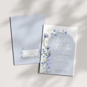 Invito per baby shower Baby in Bloom, modello modificabile, Dusty Blue Boy, tema Boho Wildflower, fiori primaverili ed estivi, invito floreale, DBBB2