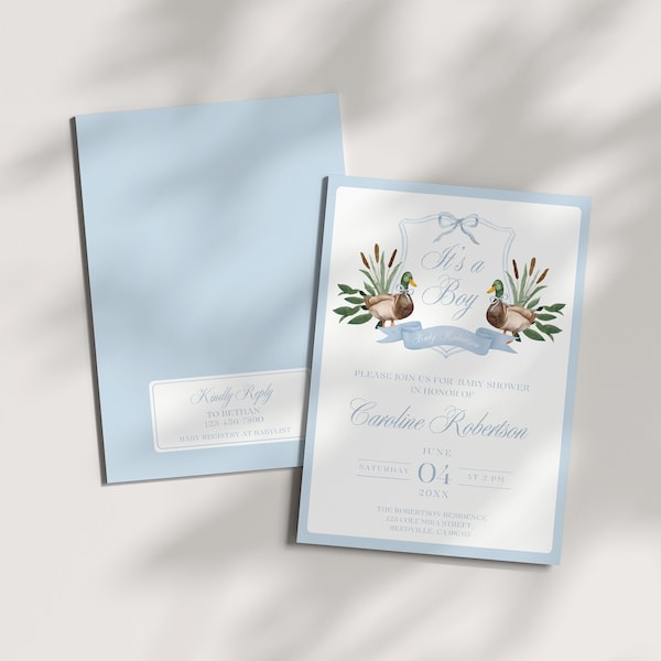 Mallard Duck Baby Shower Invite Template, Baby Boy Invitation, Monogram Duck Crest, Dusty Blue, Hunting Theme, Editable Instant Download