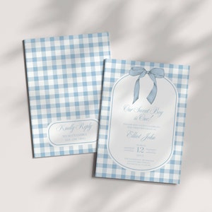 Blue Gingham Bow First Birthday Invite Template, Heirloom Ribbon Editable Invitation, Dusty Blue Minimalist Theme, Preppy Boy 1st Birthday