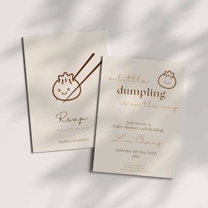 May include: Two beige baby shower invitations with gold lettering and illustrations of a dumpling. The text on the invitation reads "a little dumpling is on the way" and "Join us for a baby shower celebrating Lin Chang. Saturday 4th May 20XX 2PM".
