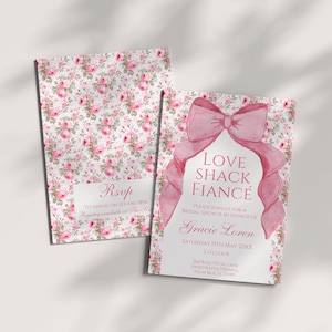 Love Shack Fiancé Bridal Shower Invitation Template, Love Shack Fancy Theme, Coquette Aesthetic Pink Bow, Editable Invite, Shabby Chic