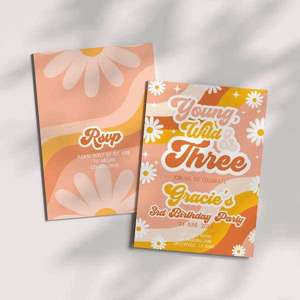 Young Wild and Three Birthday Invitation Template, 3rd Birthday Party Invite, Groovy 70s Theme, Retro Daisy Flower Power, Editable Download