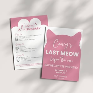Plantilla de itinerario para invitación de despedida de soltera con gato rosa, último maullido antes de los votos, recibir maullidos, a cantar ronroneos, invitación editable para despedida de soltera