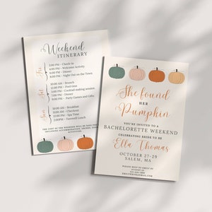 Könnte beinhalten: Eine Einladung zu einem Junggesellinnenabschied mit Herbst-Thema. Die Einladung zeigt eine Strichzeichnung von Kürbissen in Orange-, Rosa- und Grüntönen. Der Text lautet "She found her pumpkin. You're invited to a bachelorette weekend celebrating bride to be Ella Thomas. October 27-29 Salem, MA."