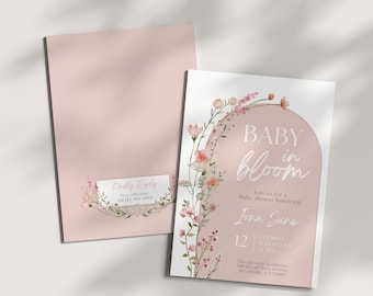 Baby in Bloom babyshower-inbjudan, redigerbar mall, dammrosa flicka, boho vildblomstema, vår- och sommarblommor, blommig inbjudan, DPBB2