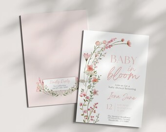 Baby in Bloom babyshower-inbjudan, redigerbar mall, dammrosa flicka, boho vildblomstema, vår- och sommarblommor, blommig inbjudan, DPBB4