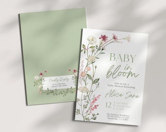May include: A baby shower invitation with a floral design. The invitation says "Baby in Bloom" and is for Alice Jane. The shower is on Saturday, August 12th at 2:00 PM. The location is The Spencer Residence, 123 Royal Plaza Terrace, Moonville, CA 11441.