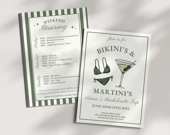 Bikinis and Martinis Bachelorette Invitation Itinerary Template, Kinis and Tinis, Girls Weekend, Hen Party, Editable Hand Drawn Invite