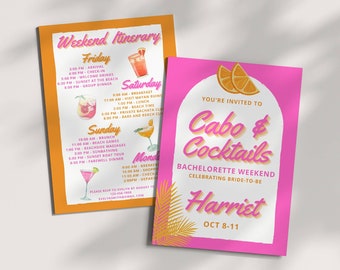 Cabo and Cocktails Bachelorette Invitation Template, Editable Weekend Itinerary, Tequila Sunrise Theme, Cabo San Lucas Hen Party Invite