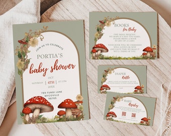 May include: A set of four baby shower invitations with a woodland mushroom theme. The invitations are printed on green cardstock with a white border. The main invitation features a whimsical illustration of mushrooms, flowers, and vines. The text on the invitation reads "Join us to celebrate Portia's baby shower" and includes the date, time, and location of the event. The other three invitations are smaller and feature different requests for gifts, such as books, diapers, and a rattle.