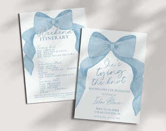 Plantilla de itinerario de invitación para despedida de soltera She's Tying the Knot, tema de lazo azul coqueto, invitación editable, viaje de chicas, despedida de soltera