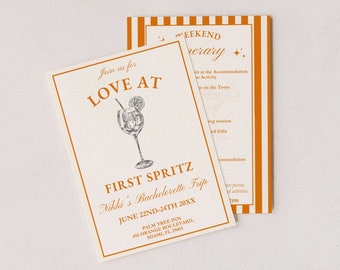 Itinerário de convite para despedida de solteira com Aperol Spritz, tema Love At First Spritz, modelo editável, viagem de fim de semana para meninas, convite para despedida de solteira laranja