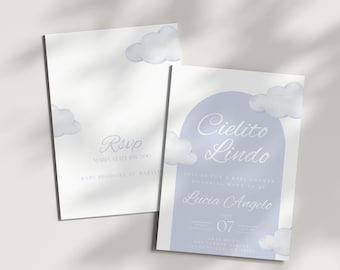 Blå Cielito Lindo babyshowerinbjudningsmall, redigerbar inbjudan, spansk-mexikansk babyshower, himmeltema, pojke, digital nedladdning