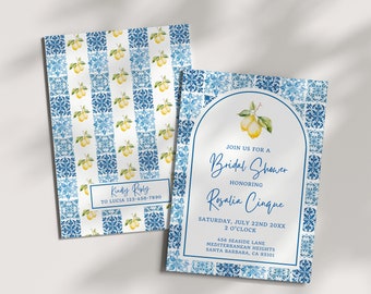 Brautpartyeinladung Amalfiküste, bearbeitbare Vorlage, Blaue Fliesen Zitronen-Thema, Mittelmeerbogen, Positano Italien, Citrus Summer Party