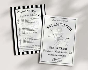 Invitación de despedida de soltera de Salem Witch, plantilla editable, temática de Magia Práctica, Boochelorette de Halloween, invitación a despedida de soltera de aquelarre