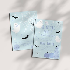 A Little Boo-y Baby Shower Invitation Template, Fall Halloween Baby Sprinkle, Cute Ghost Invite, Pastel Blue Boy, Editable Digital Download