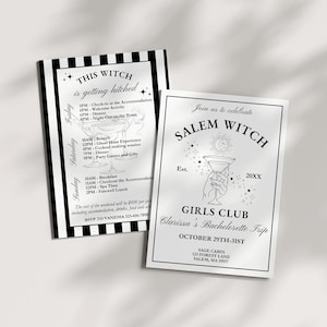 May include: Black and white invitation for a bachelorette party in Salem, Massachusetts. The invitation features a witch's cauldron with a martini glass and stars. The text reads "Salem Witch Girls Club Clarissa's Bachelorette Trip October 29th-31st Sage Cabin 123 Forest Lane Salem, MA 1197"