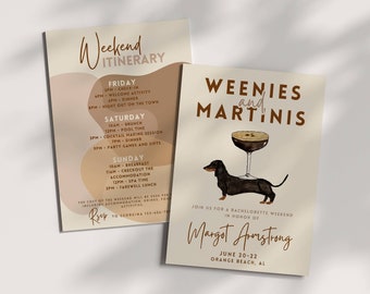 Weenies and Martinis Bachelorette Invitation Itinerary Template, Daschund Weiner Dog Theme, Weekend Hen Party, Editable Hand Drawn Invite