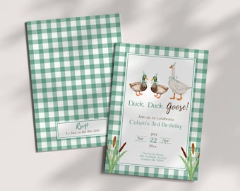 Green Gingham Duck Duck Goose Birthday Party Invitation Template, Editable Invite, Mallard Duck Hunting Theme, Lucky Duck, Silly Goose