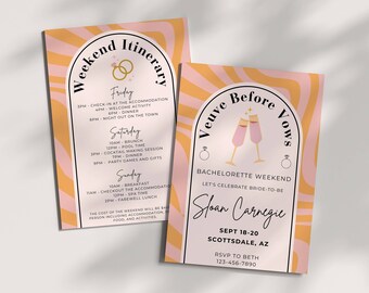 Invitation week-end EVJF Veuve Before Vows, Last Rendez-vous, Veuve Clicqout Champagne Bach, modèle d'itinéraire, invitation EVJF modifiable