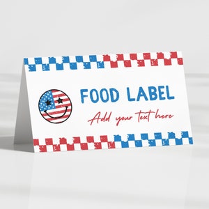 One American Dude verjaardag voedseltenten bewerkbare sjabloon, drankenbuffetkaarten, gevouwen en platte voedseletiketten, feestdecor, VS 4 juli-thema