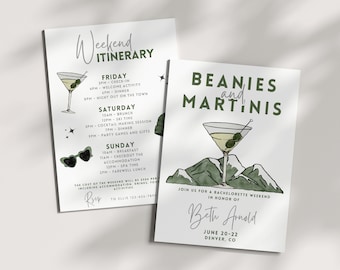 Beanies and Martinis Bachelorette Invitation Itinerary Template, Editable Invite, Mountains and Martinis, Ski, Hiking Camping Girls Weekend