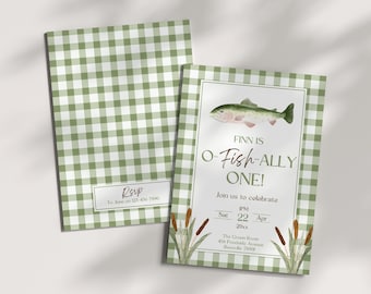 Plantilla editable de invitación de cumpleaños de Ofishally One, temática de pesca de trucha, invitación para la primera fiesta de un niño, O-Fish-Ally One, pescando un pez grande