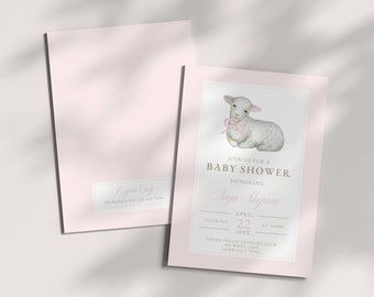 Pink Little Lamb Baby Shower Invitation Template, Baby Girl Sheep, Editable Invite, Minimalist Pastel Spring Theme, Nursery Rhyme Aesthetic