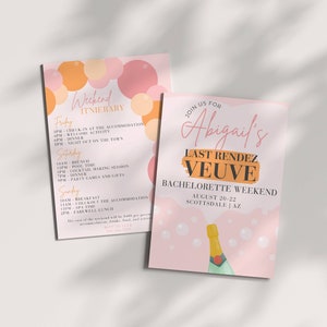 Last Rendez Veuve Bachelorette Invitation and Itinerary Template, Veuve before vows Clicquot Champagne Bach, Editable DIY Party Invite