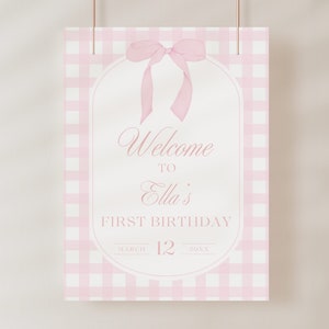 Pink Gingham Bow First Birthday Welcome Sign, Editable Template, Blush Ribbon, Bow Theme Poster, Dusty Rose Minimalist, Preppy Party Sign