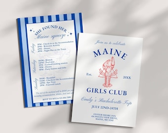 Maine Coastal Bachelorette Invitation Itinerary, She Found her Maine Squeeze, Lobster Theme, Editable Invite, Hen Party Weekend Girls Trip