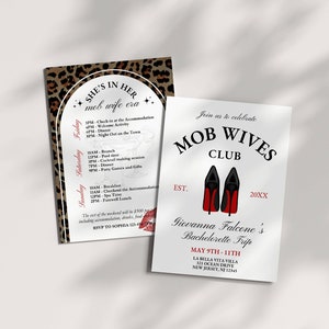 Mob Wife Bachelorette Invitation Itinerary, Italian Mafia Theme, Glam Vegas Hen Party, New Jersey Girls Weekend Trip, Editable DIY Invite