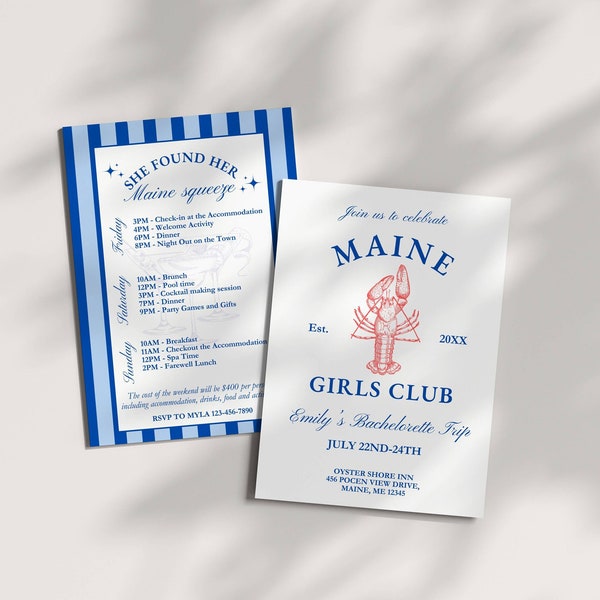 Maine Coastal Bachelorette Invitation Itinerary, She Found her Maine Squeeze, Lobster Theme, Editable Invite, Hen Party Weekend Girls Trip