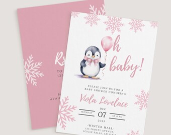 May include: A pink and white baby shower invitation featuring a penguin holding a pink balloon. The invitation reads "Oh baby!" and includes the shower details, such as the date, time, and venue.