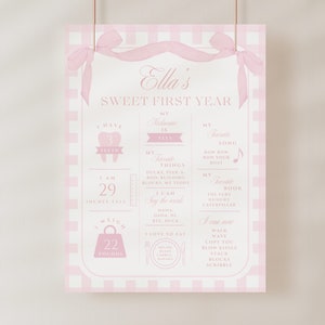Tablero de hitos de primer cumpleaños con cuadros vichy rosas, plantilla editable, tema de lazo rosa elegante, decoración de fiesta, letrero de primer hito, póster de mi primer año