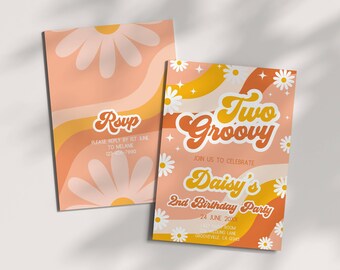 Two Groovy Birthday Invitation Template, 70s Second Birthday Theme, Groovy Girl, Retro Hippie Party,  Daisy Flower Power, Editable Invite