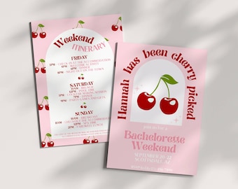 Cherry Picked Bride Bachelorette Invitation and Itinerary Template, Fruity Cherries Bach, DIY Hen Party Invite, Editable Digital Download