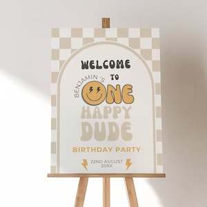 One Happy Dude-verjaardag-welkomstbord, bewerkbare sjabloon, jongen beige thema, poster Happy Smile Face, One Cool Dude Board, dambordbord