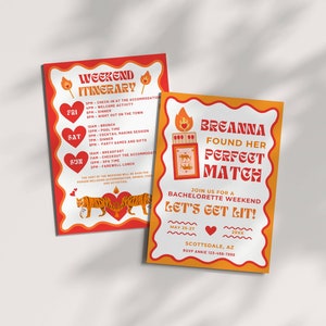 Modèle d&#39;itinéraire d&#39;invitation de célibataire parfait, thème boîte d&#39;allumettes tigre, enterrement de vie de jeune fille voyageant entre filles, mariage paradisiaque, invitation modifiable