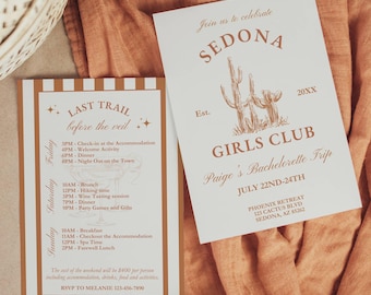 May include: A white and brown invitation with a cactus illustration and the text "Join us to celebrate Sedona" and "Girls Club Paige's Bachelorette Trip" with the dates "July 22nd-24th". The invitation also includes the location "Phoenix Retreat 123 Cactus Blvd Sedona, AZ 85262".