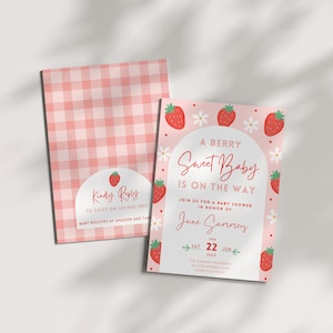 Erdbeer-Babyparty-Einladungsvorlage, bearbeitbar einladen, Beere süß einladen, Beere erstes Baby, Erdbeer-Thema, rot rosa Gingham Gänseblümchen