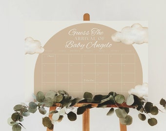 Little Piece of Heaven Baby Shower Guess Baby Due Date Sign, Editable Poster Template, Neutral Cloud Theme, Arrival Prediction Calendar Game