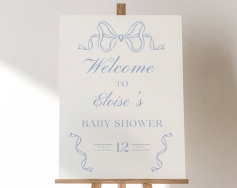 Preppy Blue Baby Shower Welcome Sign Template, Blue Hand Drawn Ribbon, Bow Theme Poster, Dusty Blue Minimalist, Baby Boy Editable Sign
