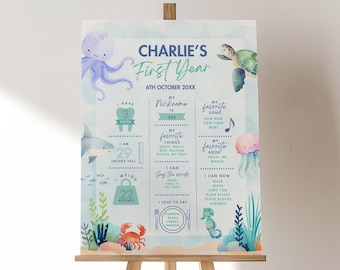 Oneder the Sea Birthday Milestone Board Template, Ocean Animal Party Theme, 1st Birthday Milestone Sign, Editable Poster, Gender Neutral