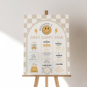 Plantilla para tablero de hitos del primer año de "Un tipo feliz", plantilla editable, cuadros beige, temática de carita feliz, letrero "Un tipo genial"