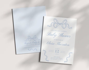 Hand Drawn Blue Bow Baby Shower Invite Template, Heirloom Ribbon Editable Invitation, Dusty Blue Minimalist Theme, Preppy Baby Boy Shower